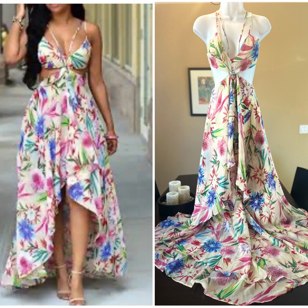 Luxxel Floral Maxi Dress in Cream with Pink, Blue & Green Print
